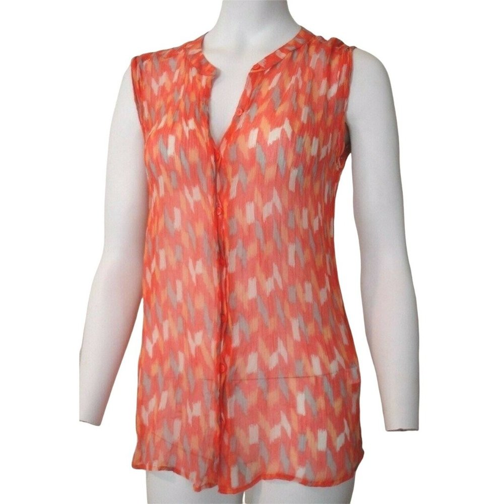 Lucky Brand Orange Blouse Womens M Sheer Crinkled Button Up Rayon Sleeveless